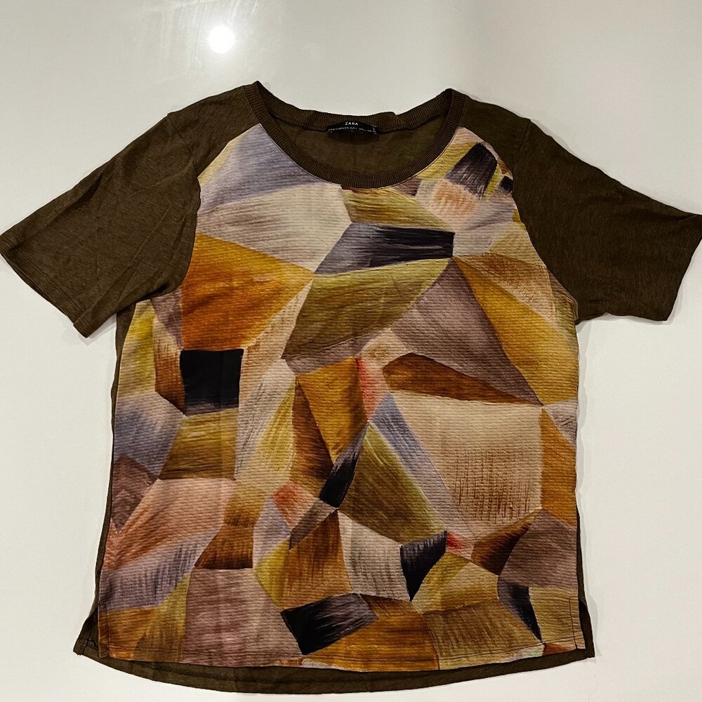 Zara Olive Brown Multicolor Geometric Print Short Sleeve Top